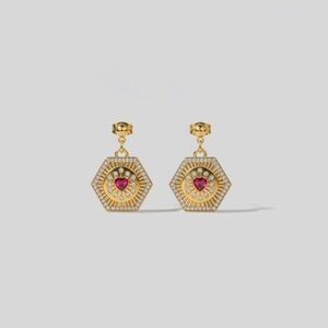 Gold Hexagon Cubic Zirconia CZ with Pink Garnet Earrings